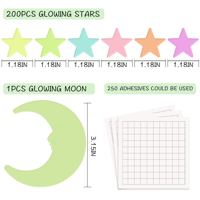 Aooyaoo Glow in The Dark Stars and Moon for Ceiling - 200 Pcs Colorful 3D Glowing Stars for Kids Room Decor - Luminous Stickers Create a Realistic Starry Sky Ceiling Decor - Image 4